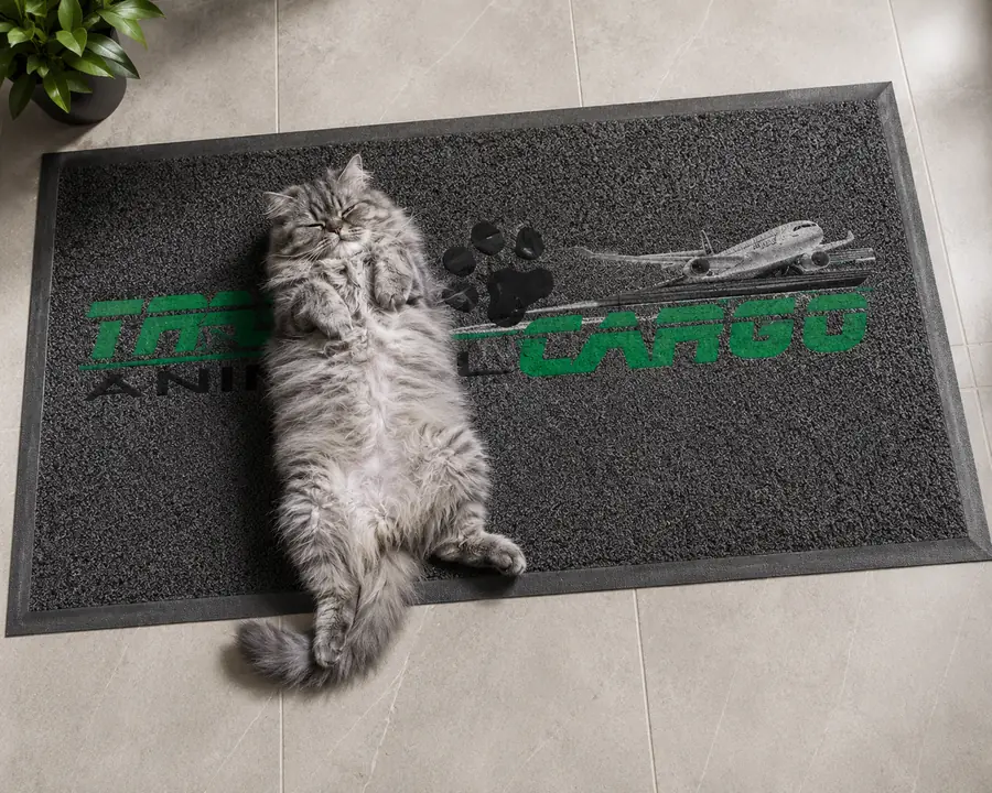 Un gato descansando sobre el tapete con el logo de Trans Animal Cargo